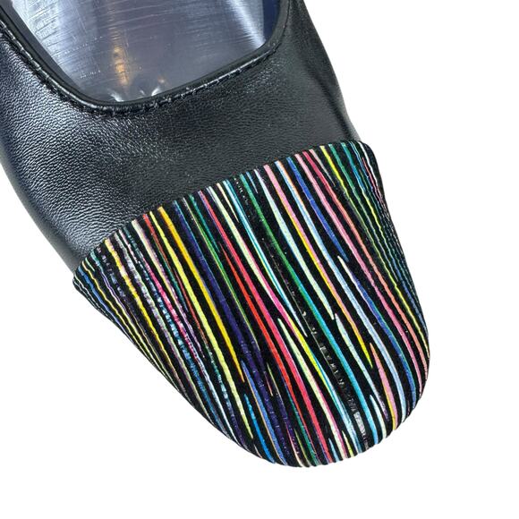 VAN ELi Black Colorful Striped Leather Cap Toe Slip On Block Low Heel Size 7.5 - Picture 2 of 9